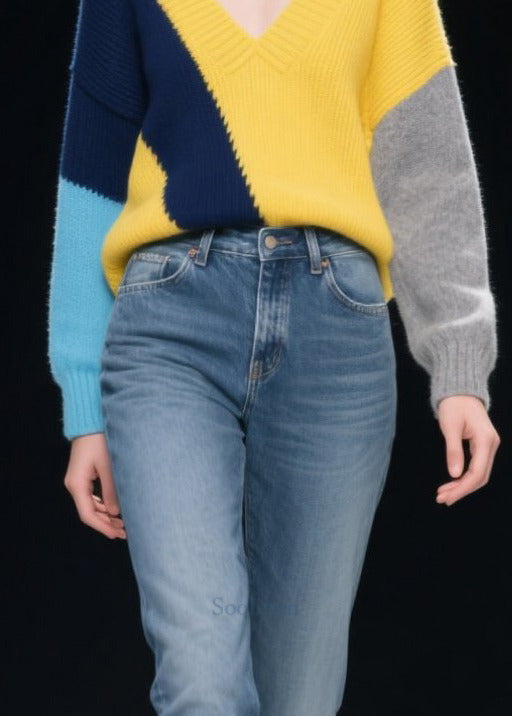 French Mixed Color V Neck Patchwork Cozy Sweaters Winter