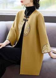 French Mulberry O-Neck Print Long Woolen Cardigans Fall