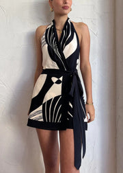 French Navy Backless Tie Waist Mini Dresses Sleeveless