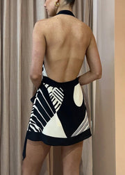 French Navy Backless Tie Waist Mini Dresses Sleeveless