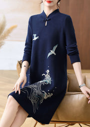 French Navy Blue Stand Collar Patchwork Cotton Knit Long Sweater Dress Long Sleeve