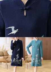 French Navy Blue Stand Collar Patchwork Cotton Knit Long Sweater Dress Long Sleeve