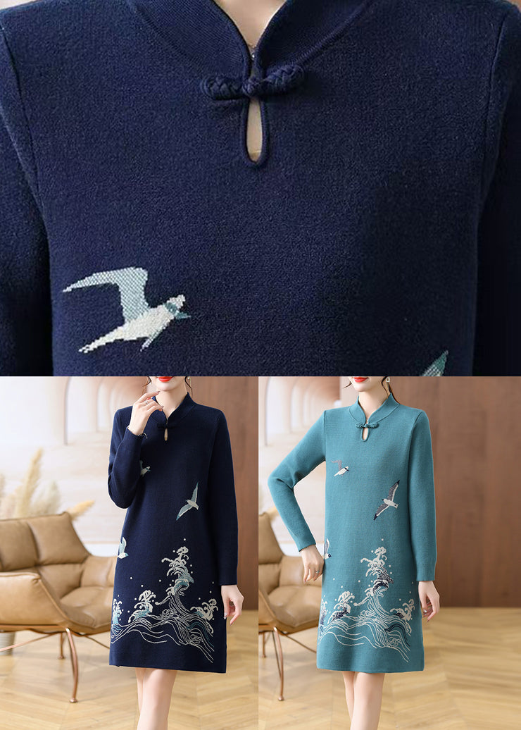 French Navy Blue Stand Collar Patchwork Cotton Knit Long Sweater Dress Long Sleeve
