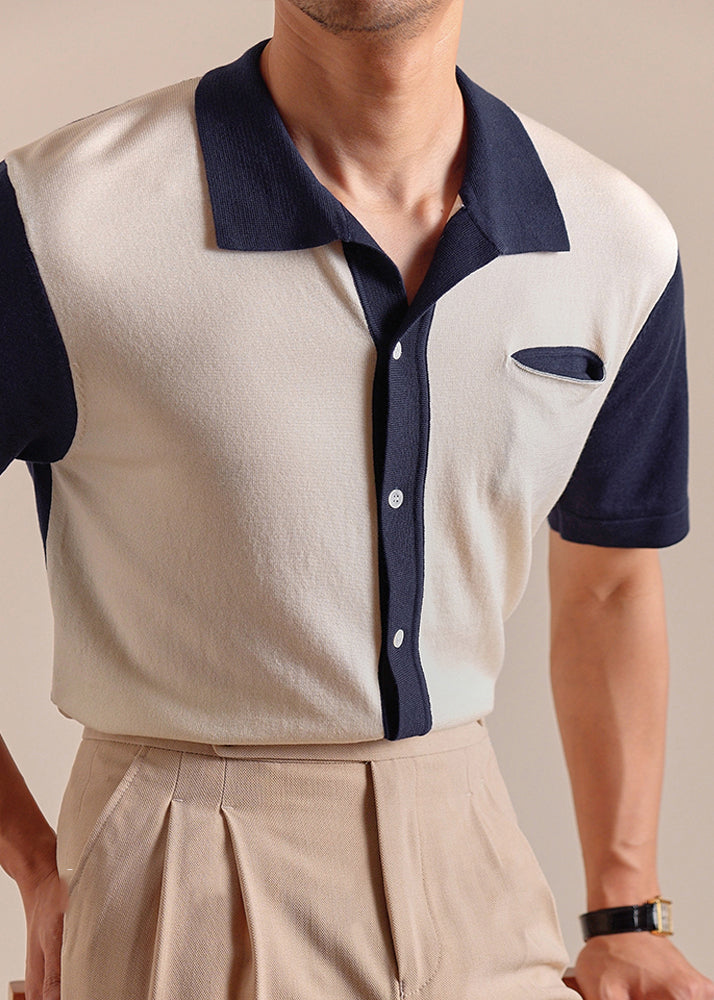French Navy Button Patchwork Knit Men Polo Shirts Summer