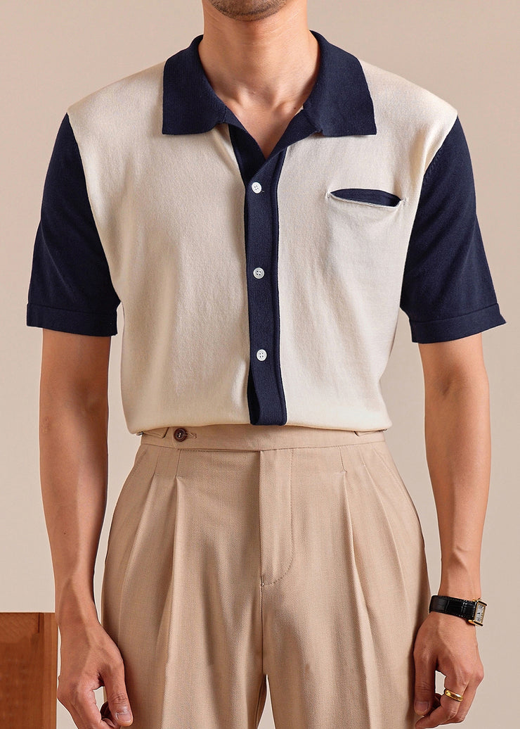 French Navy Button Patchwork Knit Men Polo Shirts Summer