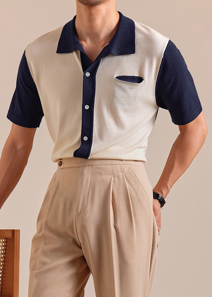 French Navy Button Patchwork Knit Men Polo Shirts Summer