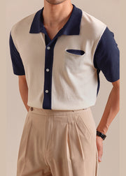 French Navy Button Patchwork Knit Men Polo Shirts Summer