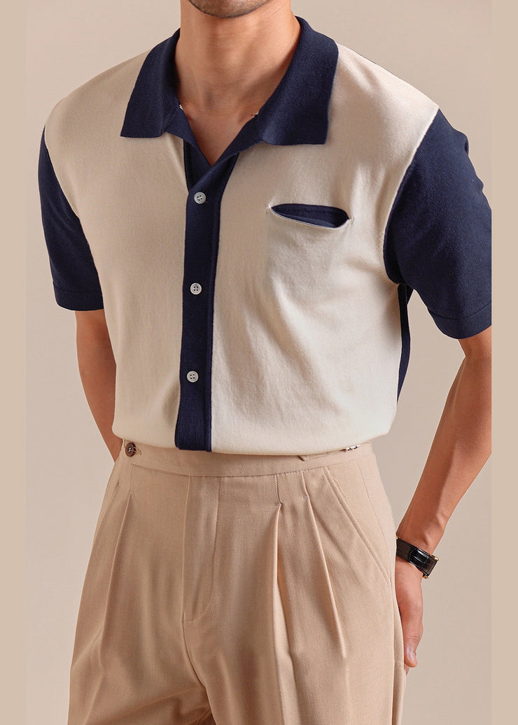 French Navy Button Patchwork Knit Men Polo Shirts Summer
