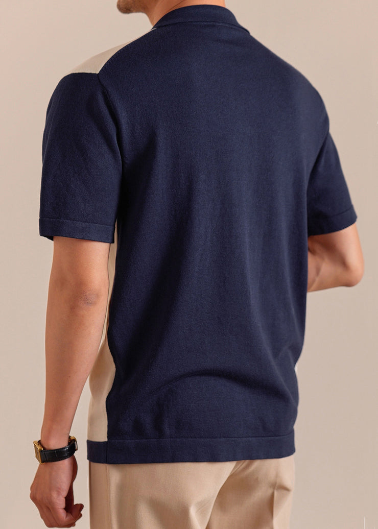 French Navy Button Patchwork Knit Men Polo Shirts Summer