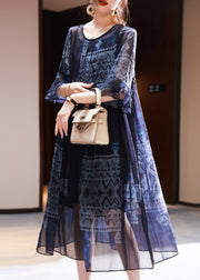 French Navy Cinched Print Chiffon Dress Summer
