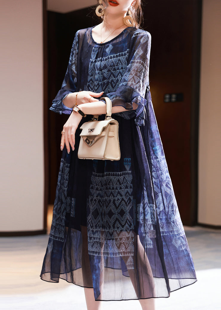 French Navy Cinched Print Chiffon Dress Summer
