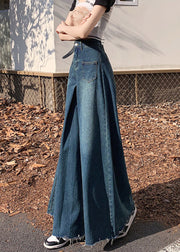 French Navy Denim Wide Leg Pants Tasseled Fall