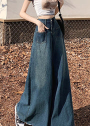 French Navy Denim Wide Leg Pants Tasseled Fall