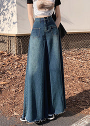 French Navy Denim Wide Leg Pants Tasseled Fall