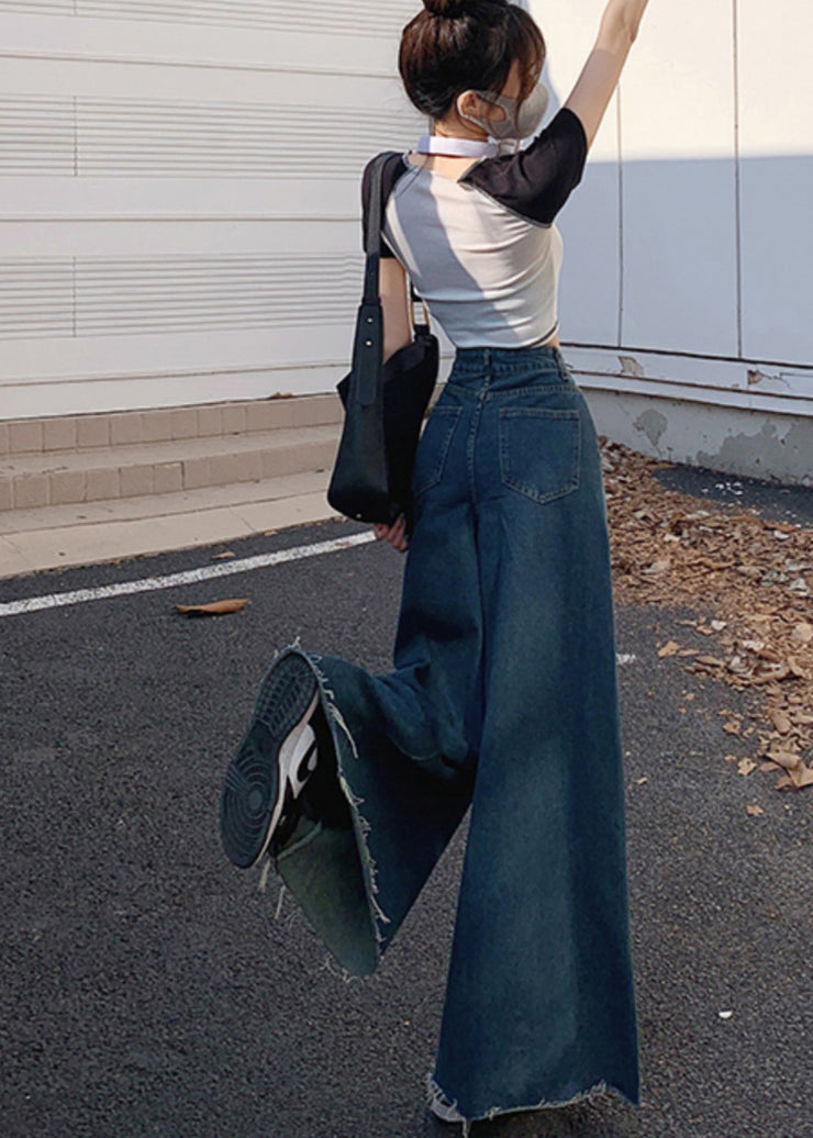 French Navy Denim Wide Leg Pants Tasseled Fall