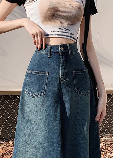 French Navy Denim Wide Leg Pants Tasseled Fall