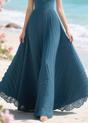 French Navy Exra Large Hem Wrinkled Chiffon Party Dresses Summer