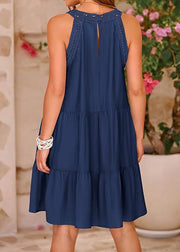 French Navy Hollow Out Cotton A Line Dress Sleeveless