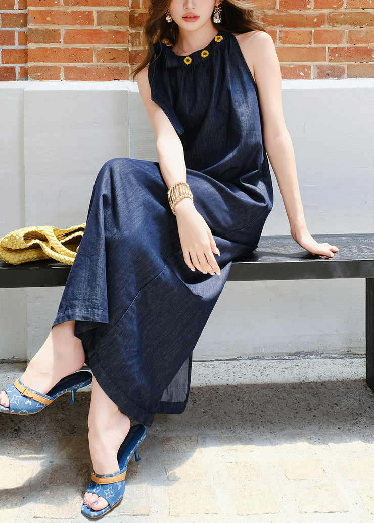 French Navy Lace Up Pockets Denim Long Dress Sleeveless