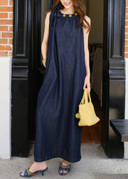 French Navy Lace Up Pockets Denim Long Dress Sleeveless