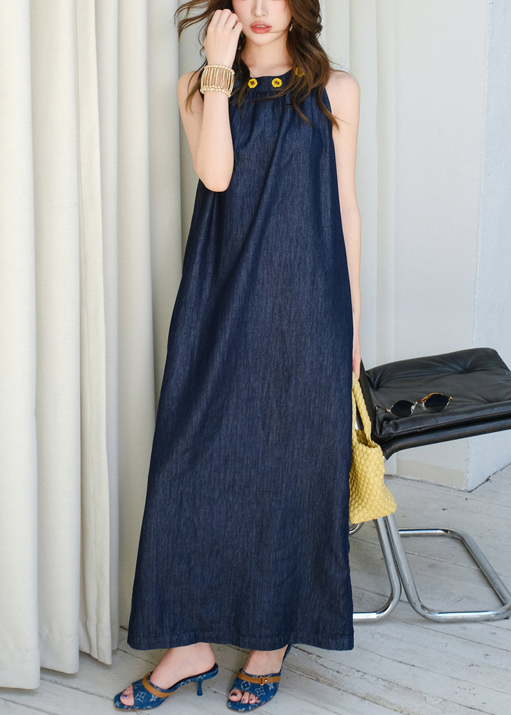 French Navy Lace Up Pockets Denim Long Dress Sleeveless