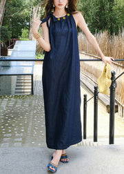 French Navy Lace Up Pockets Denim Long Dress Sleeveless
