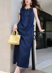 French Navy Lace Up Pockets Denim Long Dress Sleeveless