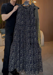 French Navy O Neck Print Button Cotton Long Dresses Sleeveless