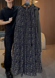 French Navy O Neck Print Button Cotton Long Dresses Sleeveless