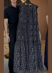 French Navy O Neck Print Button Cotton Long Dresses Sleeveless