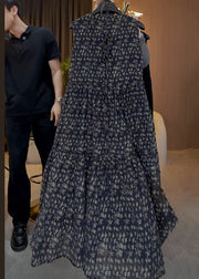 French Navy O Neck Print Button Cotton Long Dresses Sleeveless