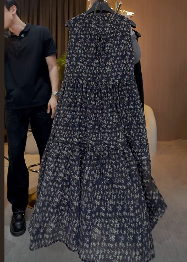 French Navy O Neck Print Button Cotton Long Dresses Sleeveless
