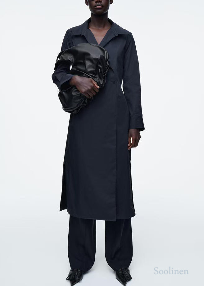 French Navy Oversized Double Breast Cotton Shirt Dresses Fall