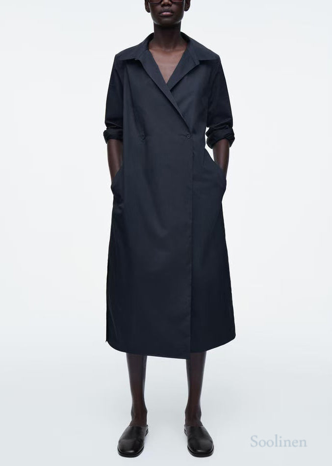 French Navy Oversized Double Breast Cotton Shirt Dresses Fall