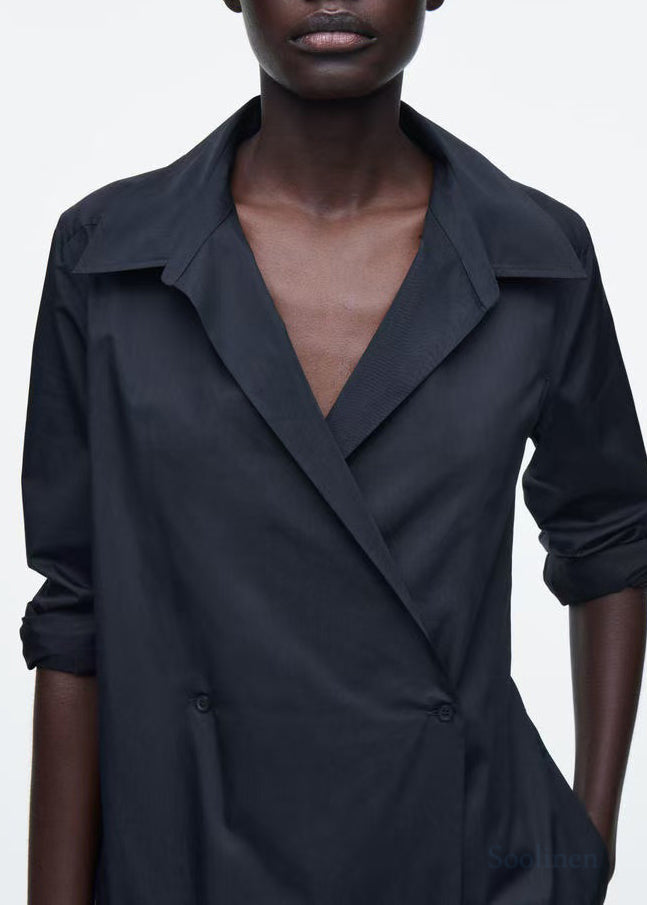 French Navy Oversized Double Breast Cotton Shirt Dresses Fall