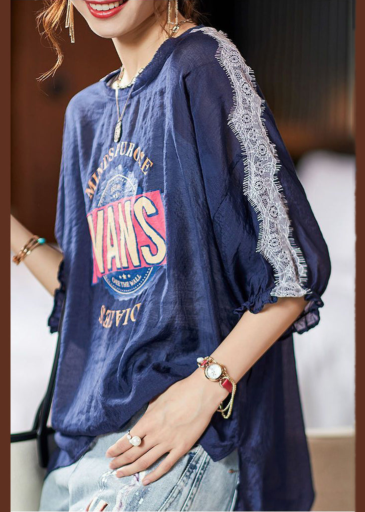 French Navy Oversized Patchwork Side Open Cotton Top Summer – SooLinen