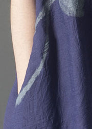 French Navy Oversized Print Linen Layered Dress Summer