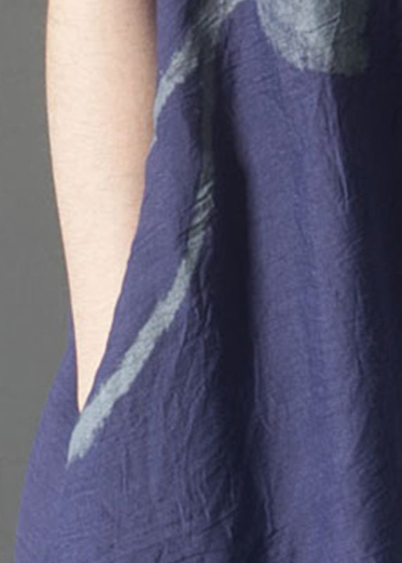 French Navy Oversized Print Linen Layered Dress Summer