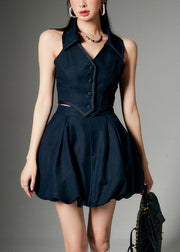 French Navy Peter Pan Collar Button Tops And Skirts Linen Two Pieces Set Sleeveless