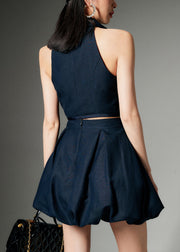 French Navy Peter Pan Collar Button Tops And Skirts Linen Two Pieces Set Sleeveless