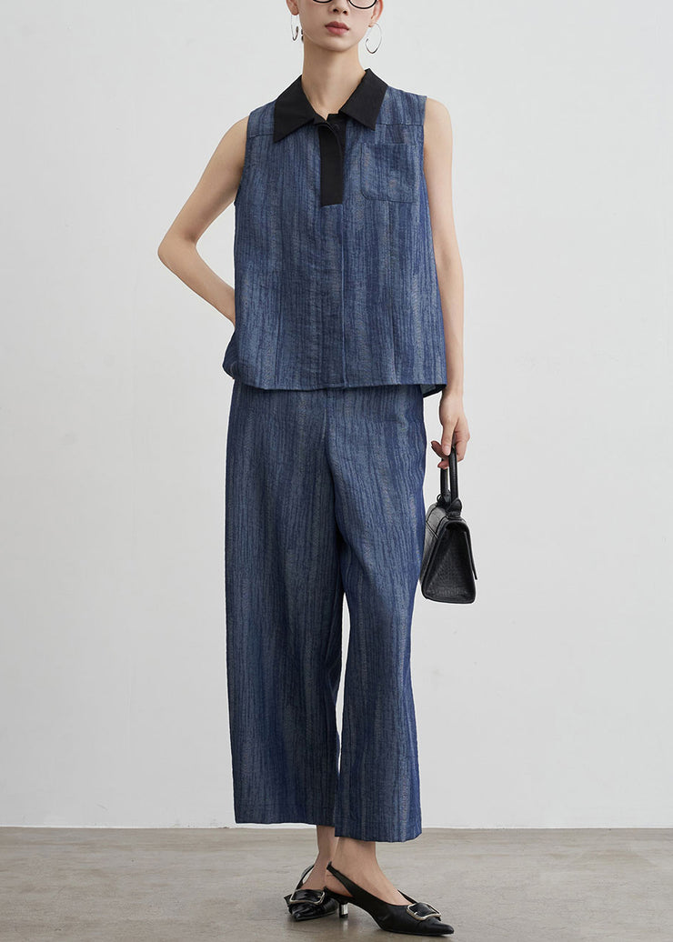 French Navy Peter Pan Collar Patchwork Denim Two Pieces Set Sleeveless