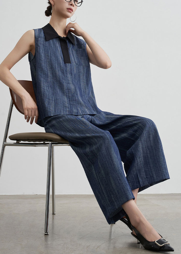 French Navy Peter Pan Collar Patchwork Denim Two Pieces Set Sleeveless