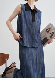 French Navy Peter Pan Collar Patchwork Denim Two Pieces Set Sleeveless