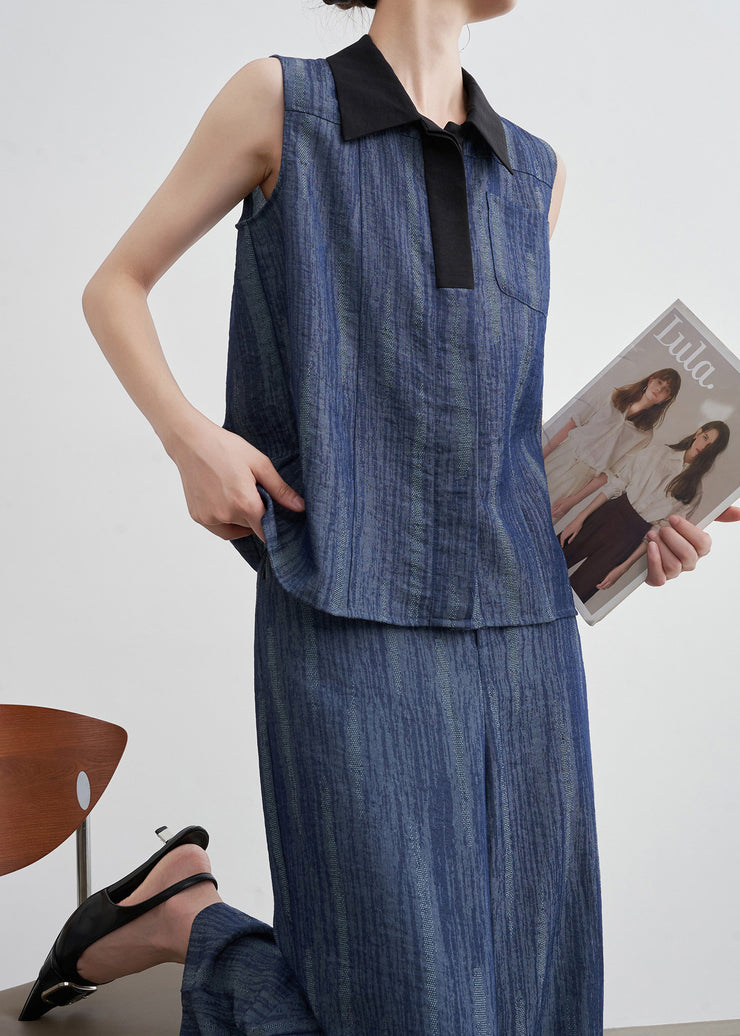 French Navy Peter Pan Collar Patchwork Denim Two Pieces Set Sleeveless