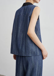 French Navy Peter Pan Collar Patchwork Denim Two Pieces Set Sleeveless