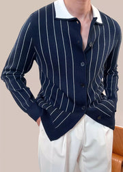 French Navy Peter Pan Collar Striped Button Knit Men Cardigan Winter