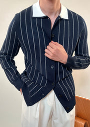 French Navy Peter Pan Collar Striped Button Knit Men Cardigan Winter