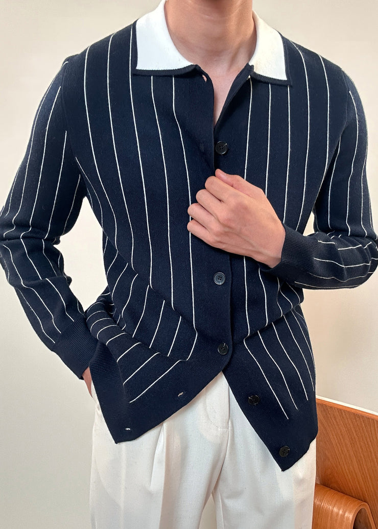 French Navy Peter Pan Collar Striped Button Knit Men Cardigan Winter