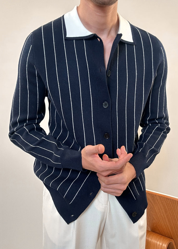 French Navy Peter Pan Collar Striped Button Knit Men Cardigan Winter