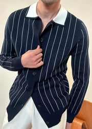 French Navy Peter Pan Collar Striped Button Knit Men Cardigan Winter